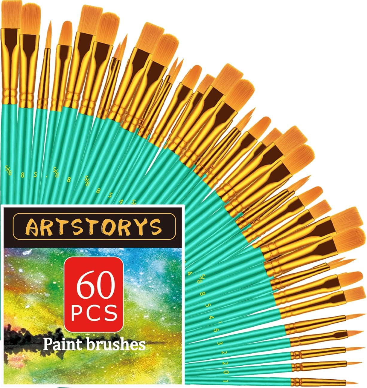 JJEAN-Paint Brushes Set, 60 Pcs Paint Brushes for Acrylic Painting, Oil Watercolor Acrylic Paint Brush, Artist Paintbrushes for Body Face Rock Canvas, Adult Drawing Arts Crafts Supplies, Green