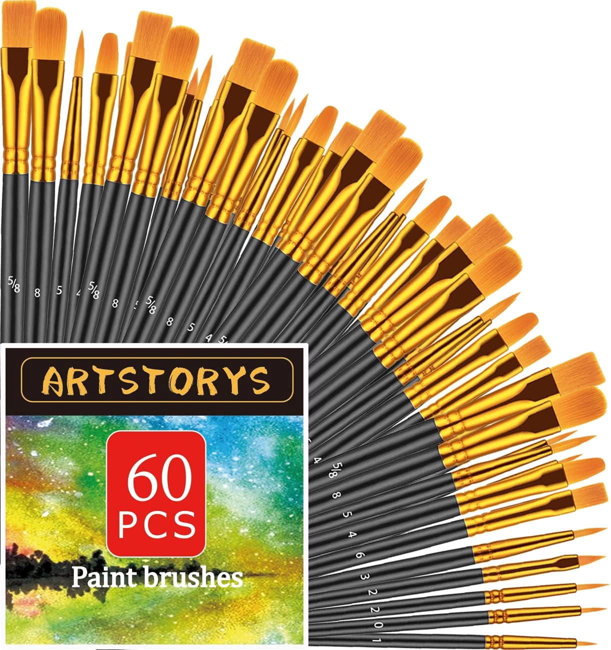 JJEAN-Paint Brushes Set, 60 Pcs Paint Brushes for Acrylic Painting, Oil Watercolor Acrylic Paint Brush, Artist Paintbrushes for Body Face Rock Canvas, Adult Drawing Arts Crafts Supplies, Black