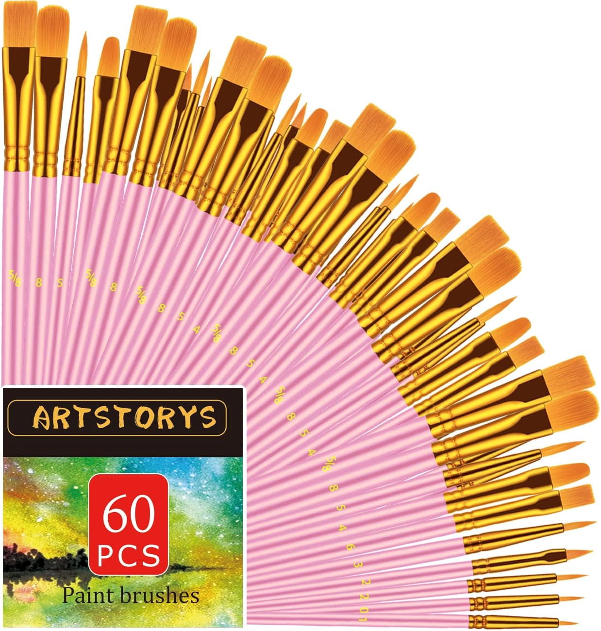 JJEAN-Paint Brushes Set, 60 Pcs Paint Brushes for Acrylic Painting, Oil Watercolor Acrylic Paint Brush, Artist Paintbrushes for Body Face Rock Canvas, Adult Drawing Arts Crafts Supplies, Pink