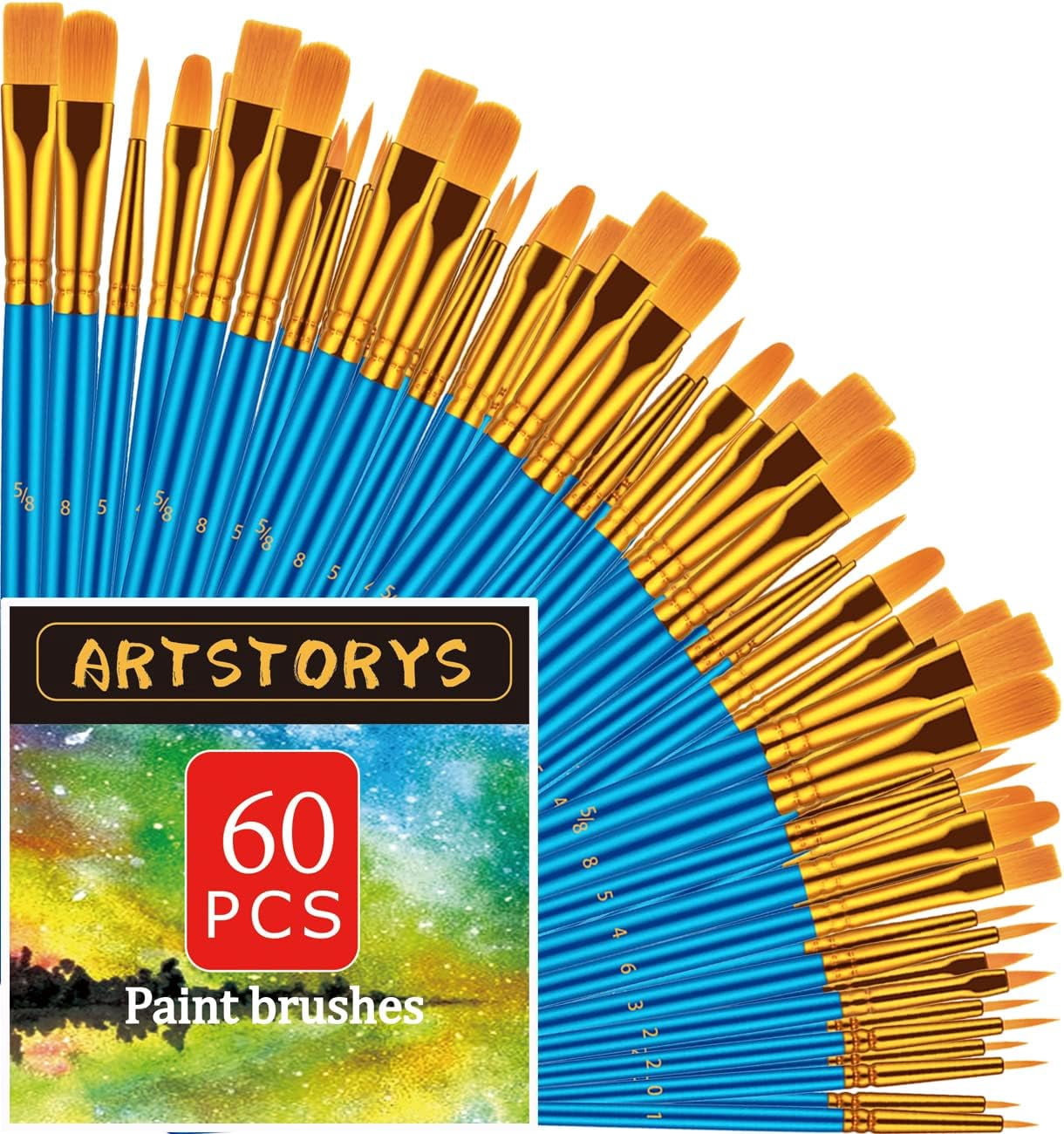 JJEAN-Paint Brushes Set, 6Pack 60 Pcs Paint Brushes for Acrylic Painting, Oil Watercolor Acrylic Paint Brush, Artist Paintbrushes for Body Face Rock Canvas, Adult Drawing Arts Crafts Supplies, Blue