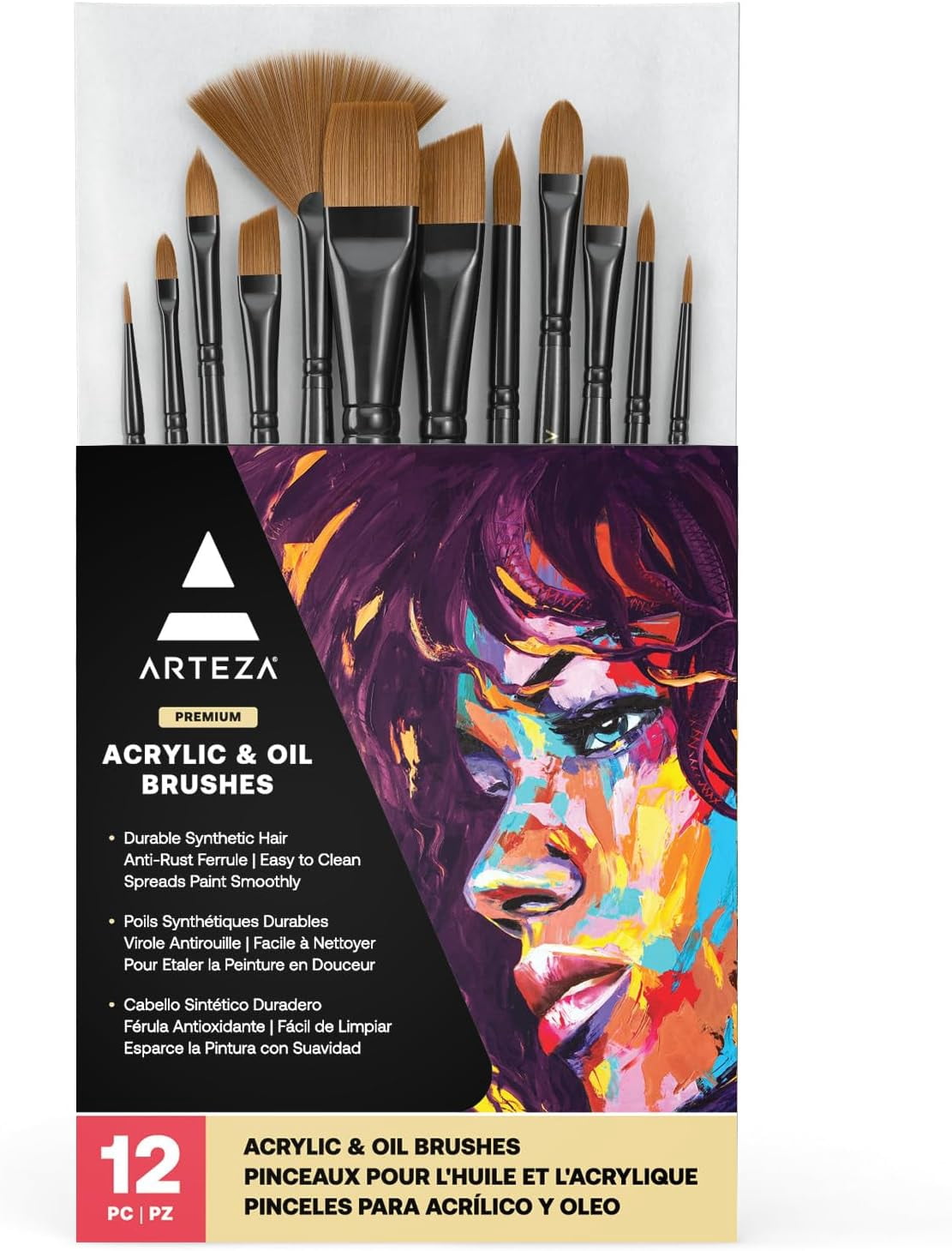 JJEAN-Paint Brushes, Set of 12, Premium Synthetic Brushes with Brass Ferrules & Wooden Handles