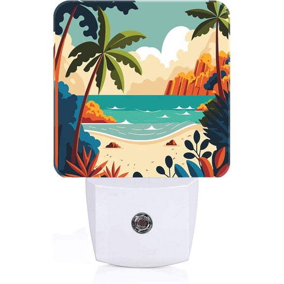 JJEAN-Palm Tree with Beach Night Light,Plug-in Night Lights with Dusk to Dawn Sensor for Stairway,Hallway,Bedroom Sleep Friendly Ideal for Women/Girls/Boys Gift,0.5w