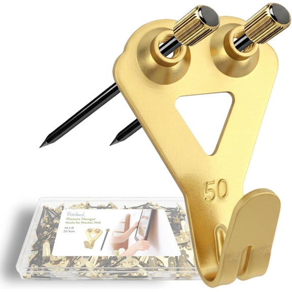 JJEAN-Picture Hangers Heavy Duty, Extra Thick, 50 lb, Decorative Hanging Hooks Hardware for Drywall and Plaster Walls with Large Nailers and Nails, Painting, 20pcs, Gold