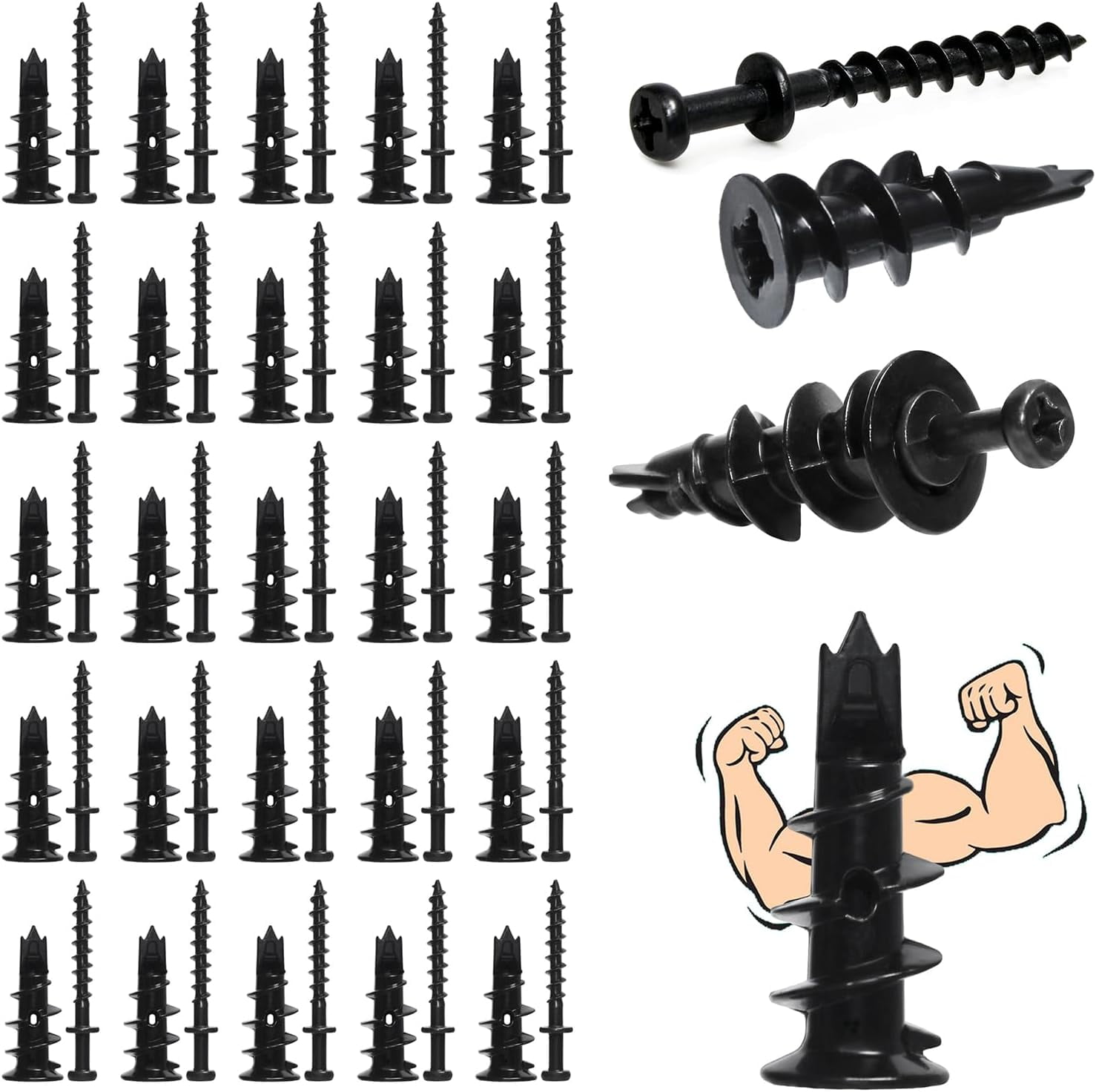JJEAN-Picture Hanging Kit, Double-Headed Bear Claw Screws & Anchors, Zinc Drywall Picture Hangers for Hanging Pictures Mirrors Sawtooth D-Rings (Black Zinc+Long, 40)