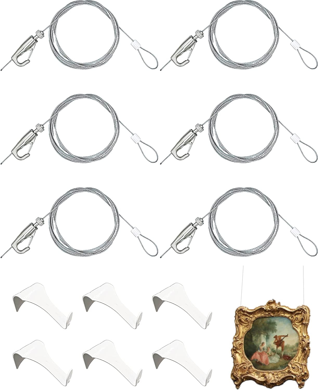 JJEAN-Picture Hanging Kit – Picture Rail Hooks with 6 of Each White Rail Hooks, 72 Inch Invisible Loop Cord, 6 Adjustable Hooks – Stainless Steel Picture Molding Hangers Nylon and Steel Cable