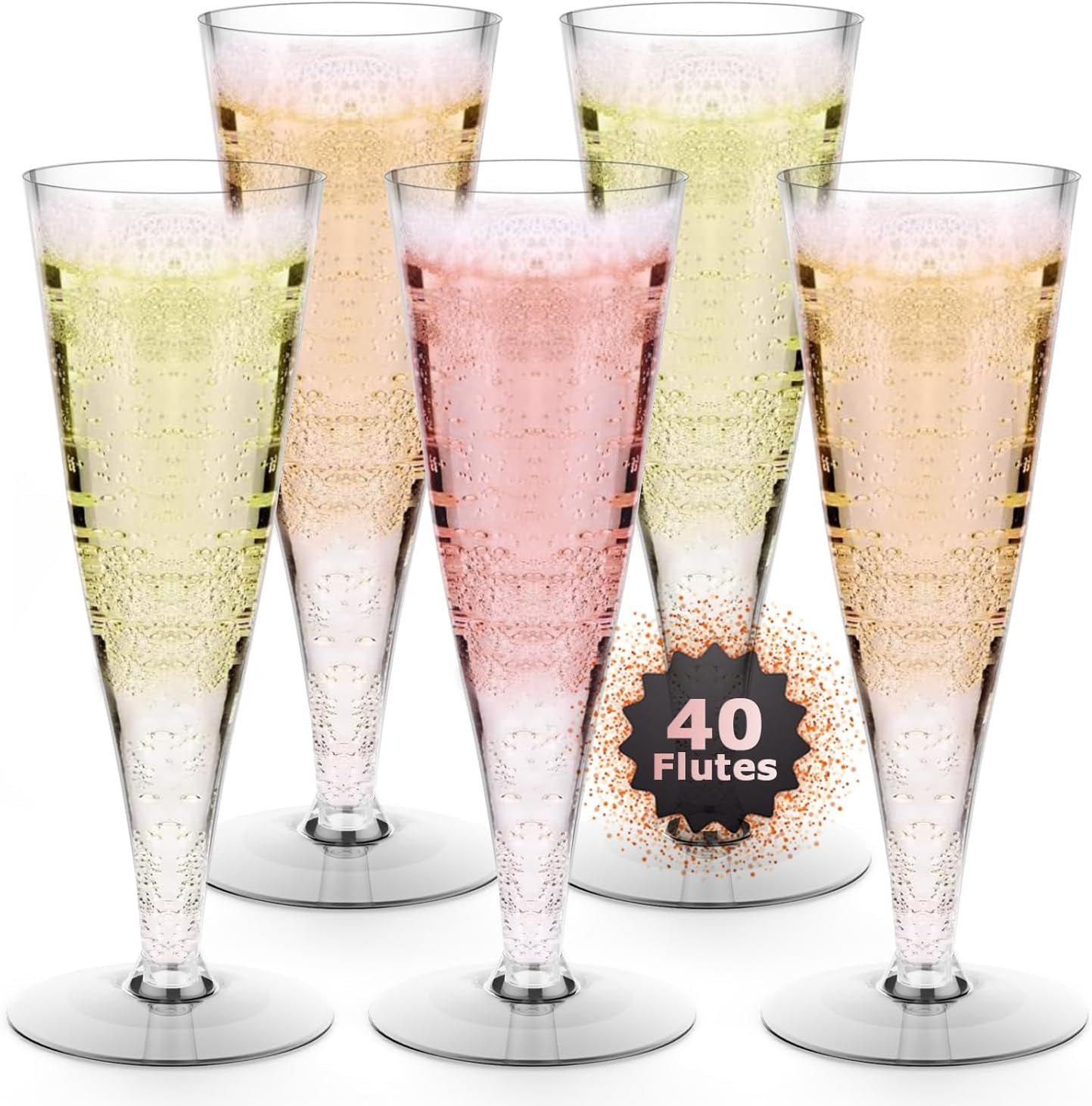 JJEAN-Plastic Champagne Flutes Disposable Wine Glasses - 40 Pack 4.5Oz Clear Mimosa Cocktail Cups Bulk for Wedding Women's Day Party Supplies Engagement Decor, Copas De Plastico Para Brindis