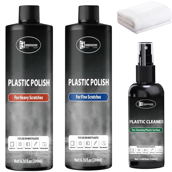 JJEAN-Plastic Polish Kit, Plastic Scratch Remover 14.1oz and Cleaner 3.52oz, Plastic Cleaner and Polish Removes Scratches & Scuffs, Ultra Fine Scratch Remover for Acrylic Surfaces