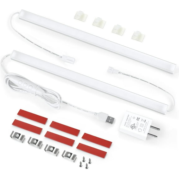 JJEAN-Plug-in Under Cabinet Lighting Kit with Adapter, Dimmer, 2 pcs 12 Inch USB LED Light Strips. Dimmable Linkable for Kitchen Counter, Workbench, Over Sink, Closet, Pantry. Cool White 4000K