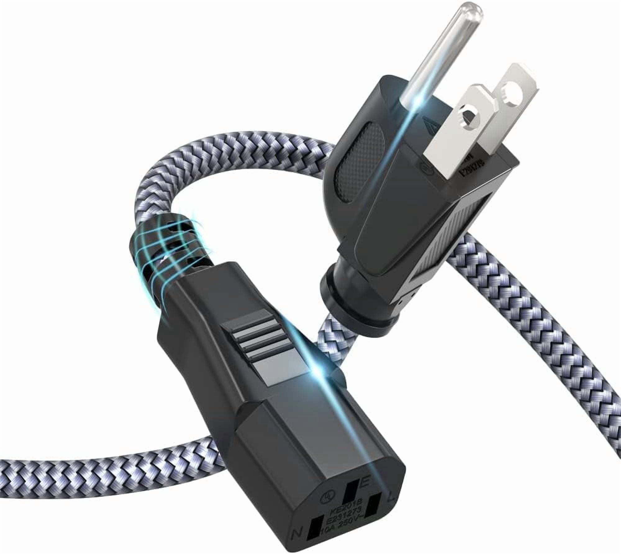 JJEAN-Power Cord, 3.3FT/1m 3 Prong AC Power Cable Nylon Braided Replacement 3 Pin Power Cord UL Certified for Computer, TV, Monitor, Printer, PC, Projector, Laptop and More, Grey