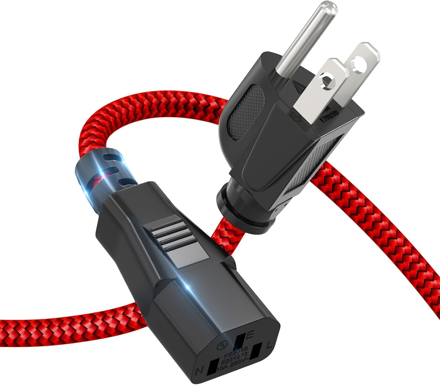 JJEAN-Power Cord, 3 Prong AC Power Cable 6.6FT(2m) Nylon Braided Replacement 3 Pin Power Cord UL Certified for Computer, TV, Monitor, Printer, PC, Projector, Power Supply Cable -Red