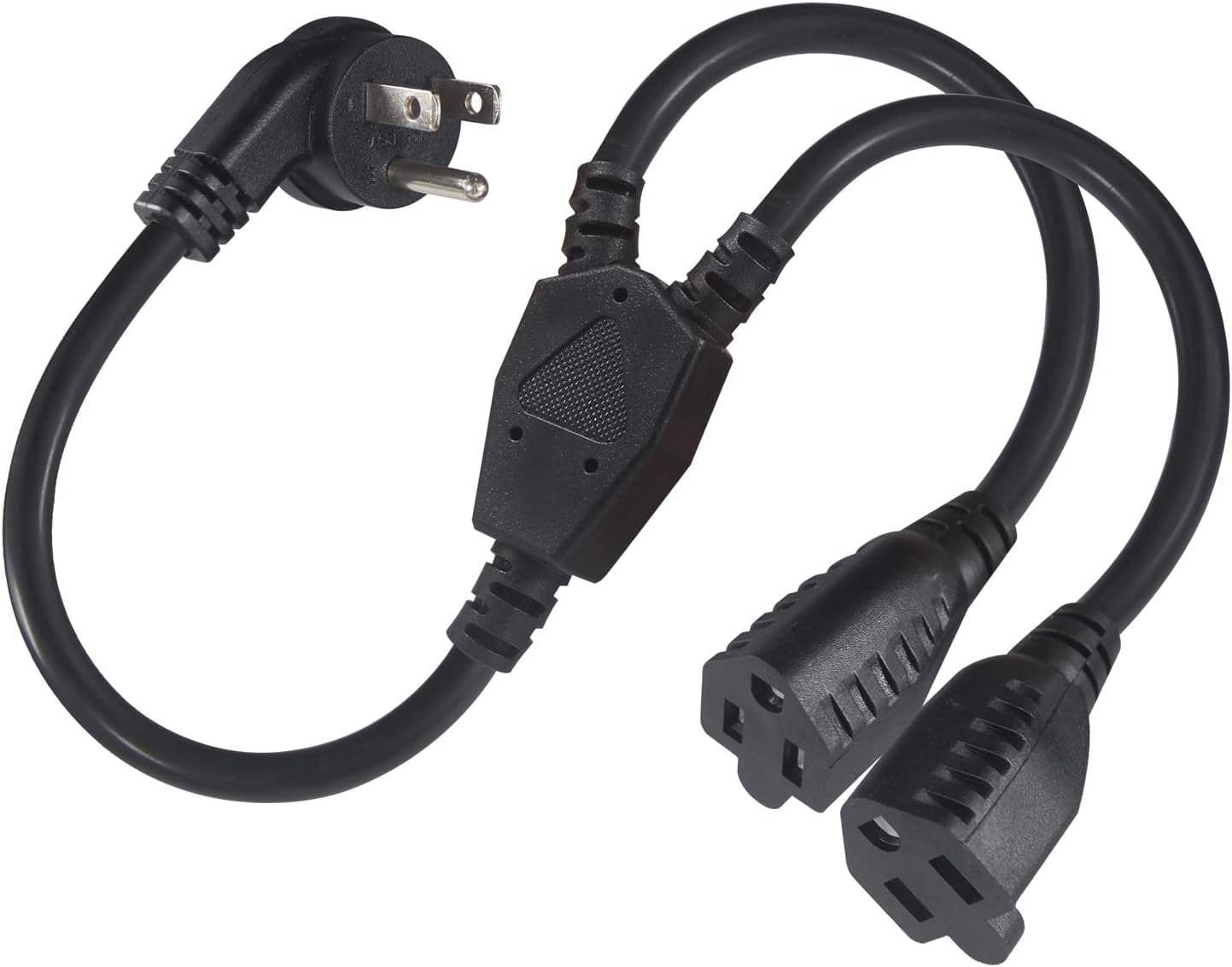 JJEAN-Power Extension Cord Y Splitter - 1FT Right Angled Type Flat Plug NEMA 5-15P 1 to 2 Way Outlet NEMA 5-15R SJT 16AWG 3 Prong Low Profile Black AC Power Cable Wire Extender for TV Computer Monito