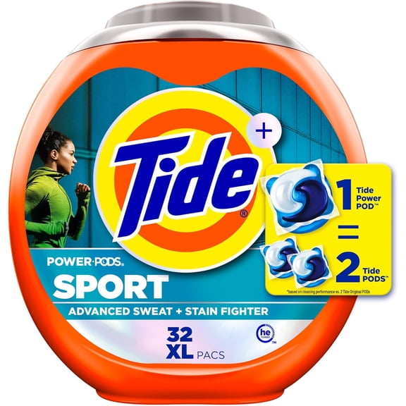 JJEAN-Power Pods Sport Laundry Detergent Pacs, 32 Count, Advanced Sweat + Stain Fighter