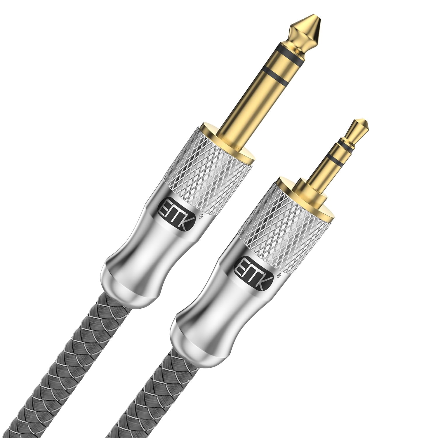 JJEAN-Premium 1/8" to 1/4" (3.5mm to 6.35mm) TRS Stereo Cable - Nylon Braided Male to Male Adapter for Guitar, Keyboards, Amps & Studio Gear (8Ft/2.4M) - Gold-Plated, Noise-Free
