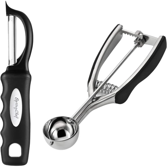 JJEAN-Premium Swivel Vegetable Peeler & Stainless Steel Small Cookie Scoop - 2 Product Bundle - Black