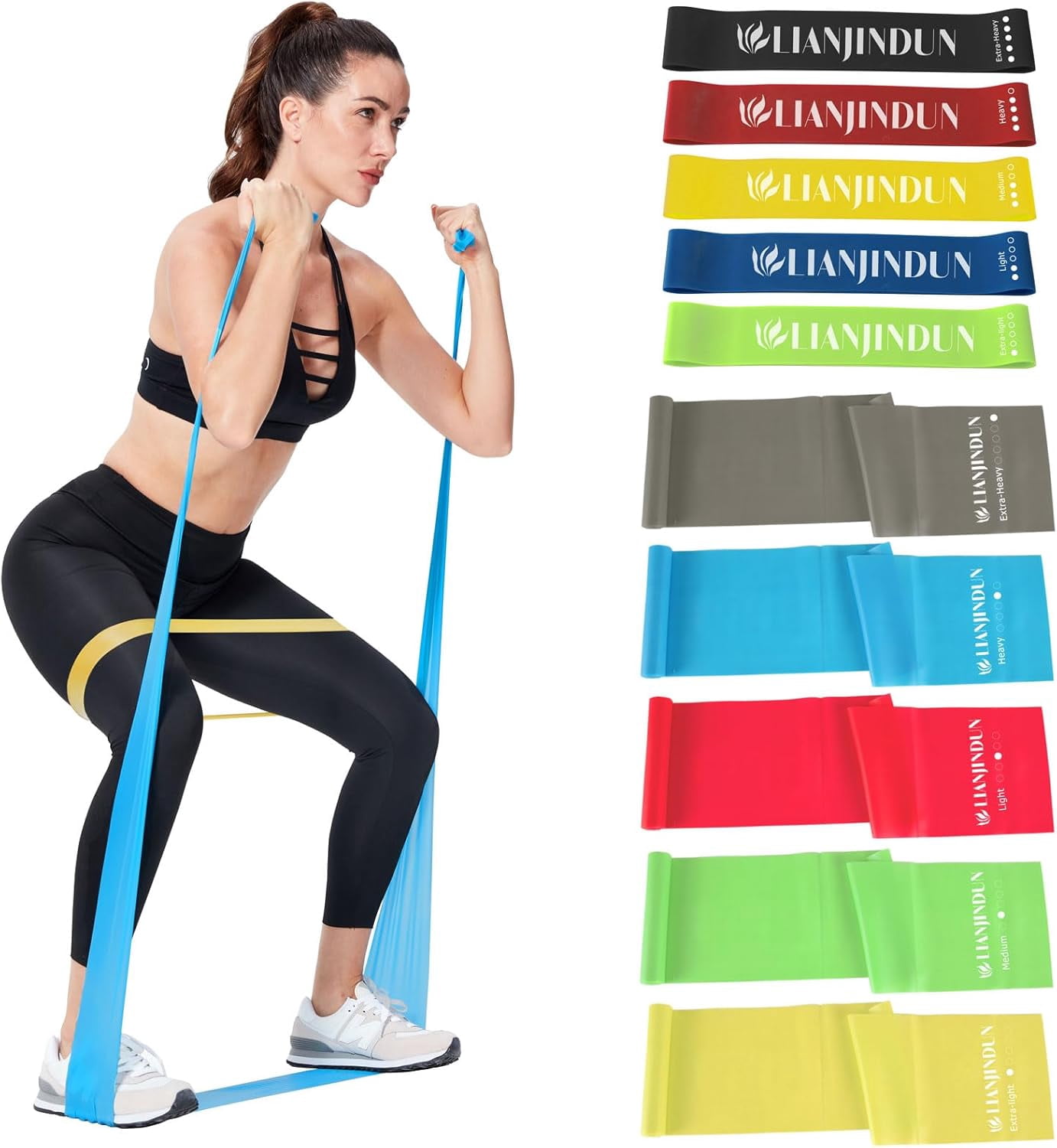 JJEAN-Professional 5 Pcs Long Resistance Bands and 5 Pcs Loop Bands. Latex-Free, Work Out Bands, Stretch Bands for Working Out Women or Men, Exercise Bands Set for Physical Therapy
