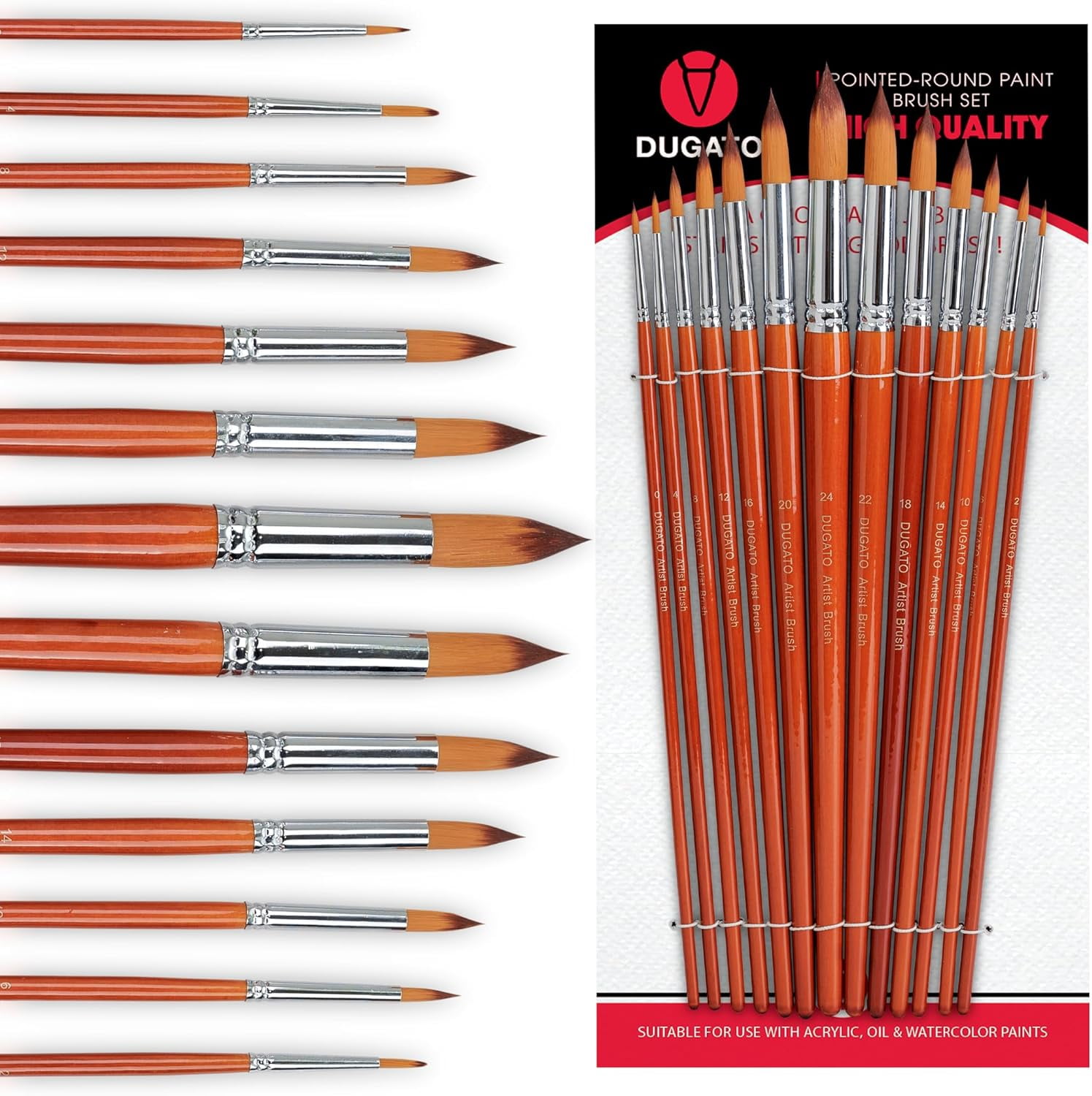 JJEAN-Professional Artist Round Paint Brush Set (13pc) - Long Handle Round Pointed Tip, Anti-Shedding Nylon for Watercolor, Acrylic, Oil, Gouache, Ink & Tempera