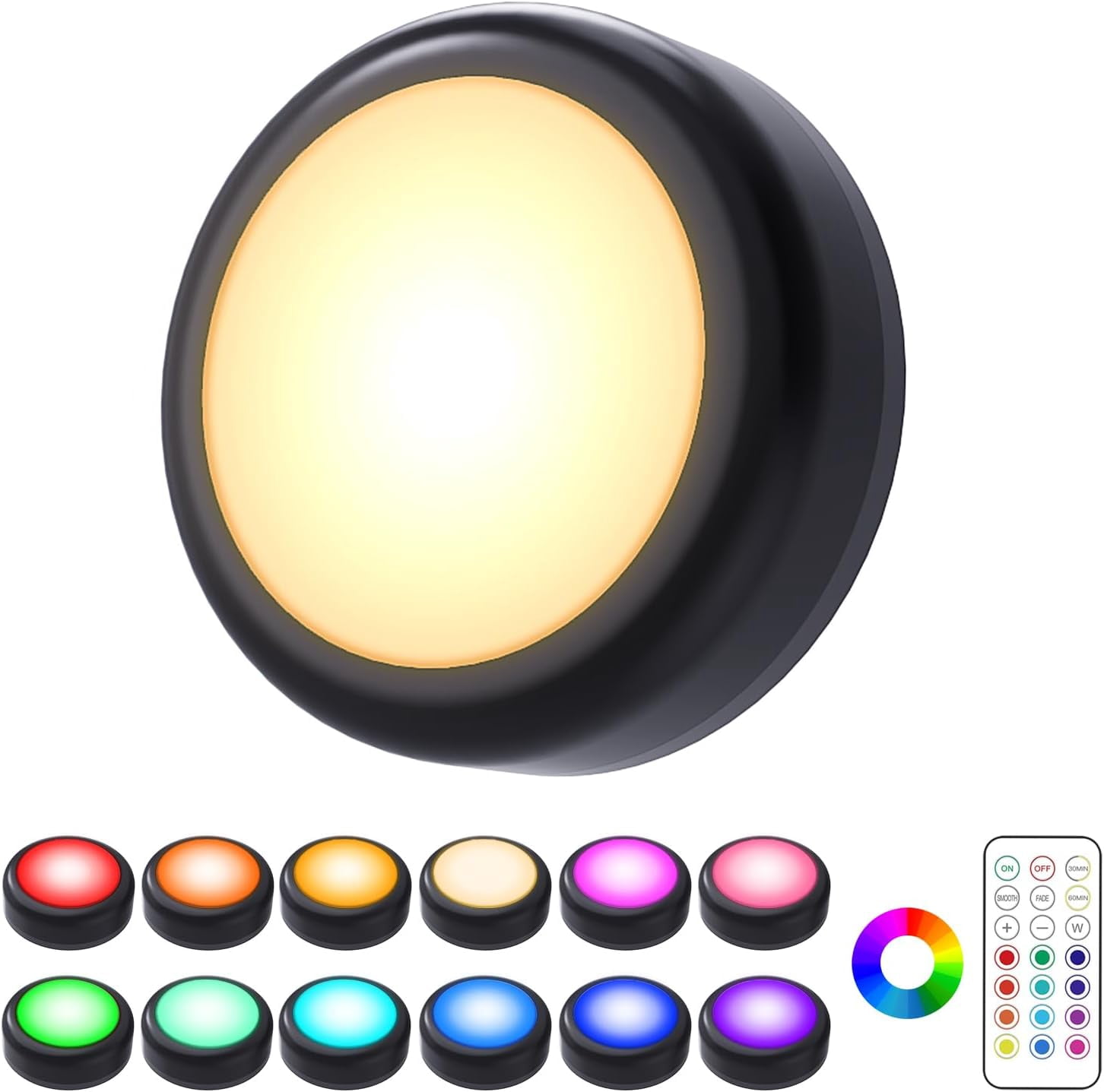 JJEAN-Puck Lights, 1 Pack 13 Colors Changeable LED Puck lightings Battery Powered Dimmable Under Cabinet Lights, Battery Powered Under Counter Lights with 1 Wireless Remote Controls, Black