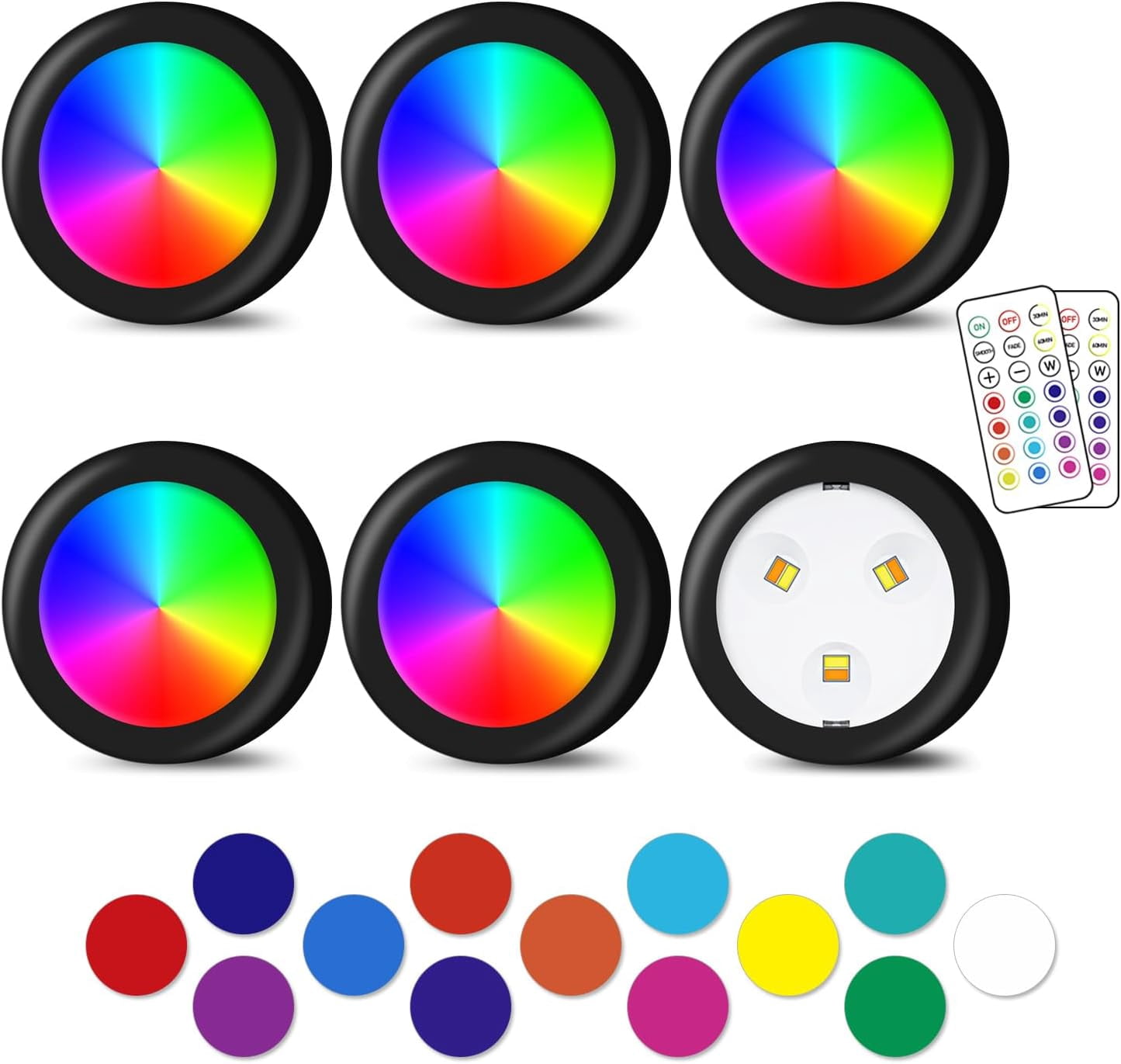 JJEAN-Puck Lights, 13 Colors Changeable LED Puck lightings Battery Powered Dimmable Under Cabinet Lights, Battery Powered Under Counter Lights with Wireless Remote Controls for Kitchen