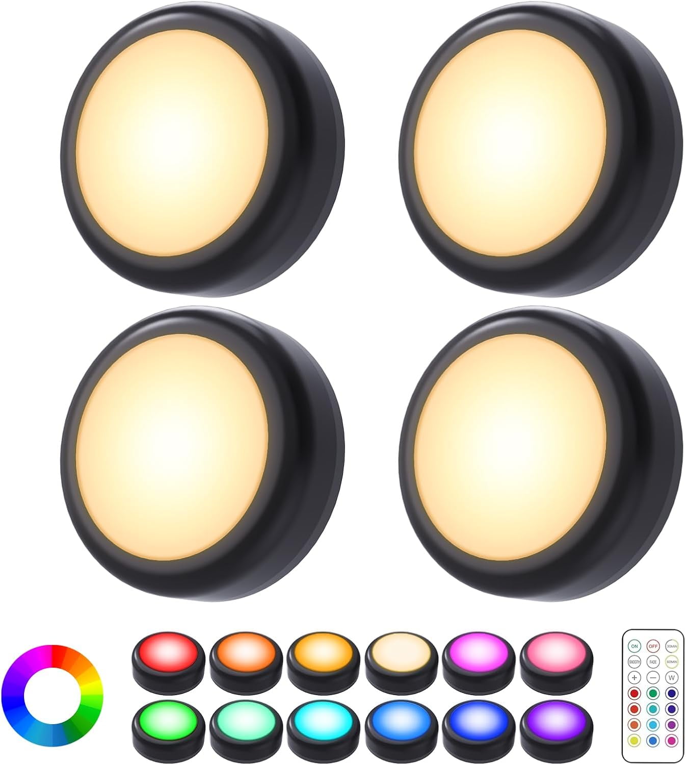 JJEAN-Puck Lights, 4 Pack 13 Colors Changeable LED Puck lightings Battery Powered Dimmable Under Cabinet Lights, Battery Powered Under Counter Lights with 1 Wireless Remote Controls, Black