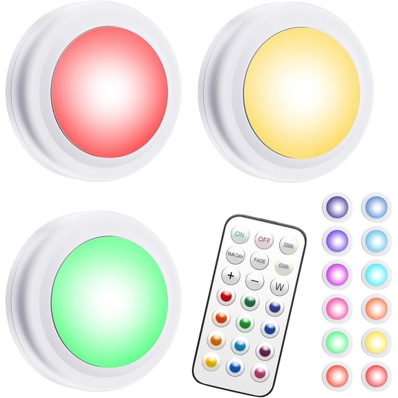 JJEAN-Puck Lights with Remote,13 Colors Changeable LED Puck lightings Battery Powered Dimmable Under Cabinet Lights with 1 Wireless Remote Control & Timing Function(3 Pack)