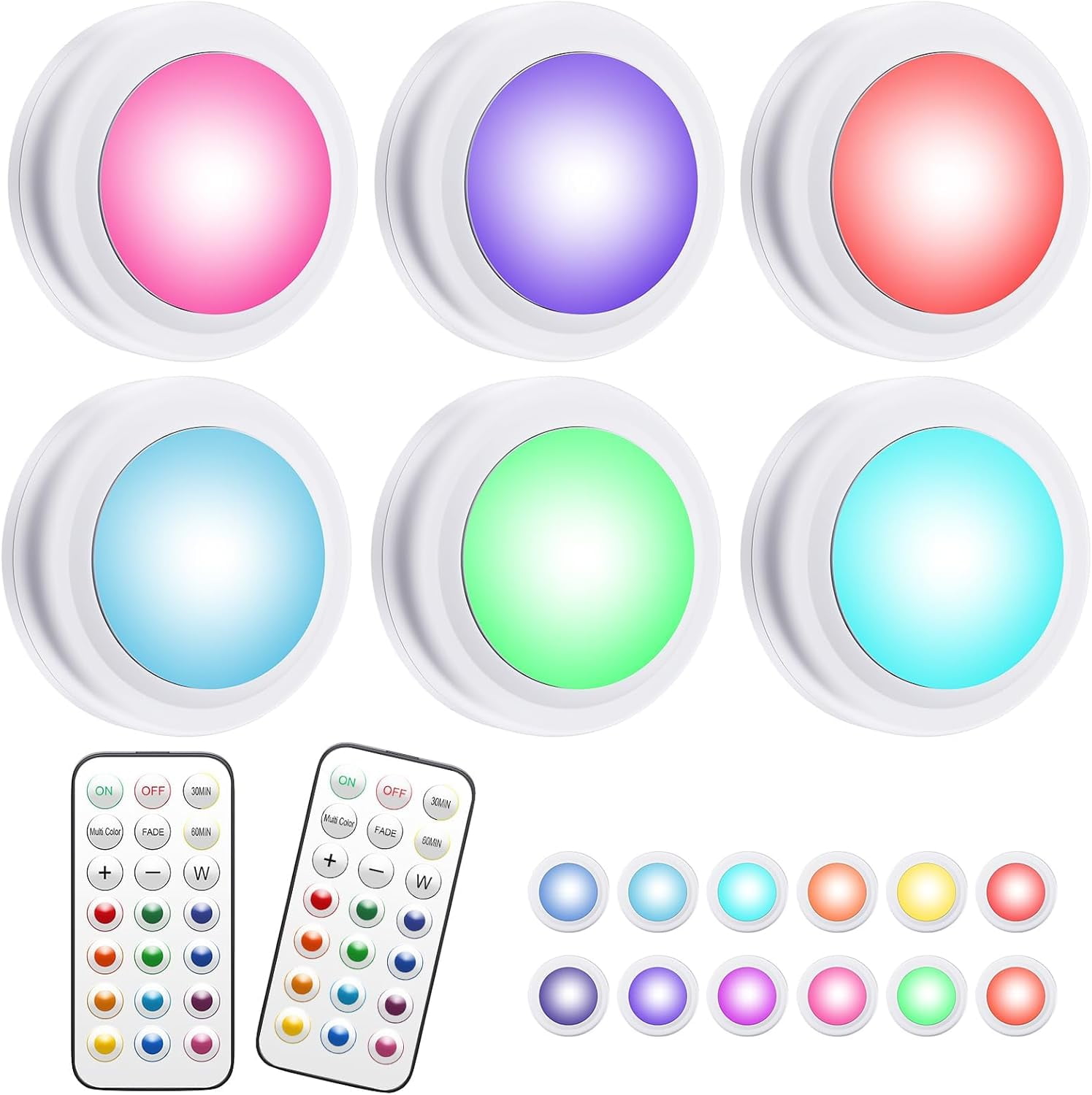 JJEAN-Puck Lights with Remote,13 Colors Changeable LED Puck lightings Battery Powered Dimmable Under Cabinet Lights with 2 Wireless Remote Controls & Timing Function(6 Pack)