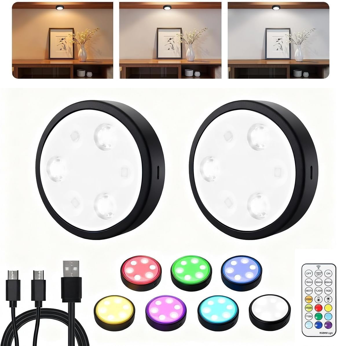 JJEAN-Puck Lights with Remote, 2000mAh Battery Operated Rechargeable Under Cabinet Lighting, 3 Color Temps & 7 RGB Colors, Magnetic Closet Light, Black Wireless Puck Light for Kitchen, Shelf.