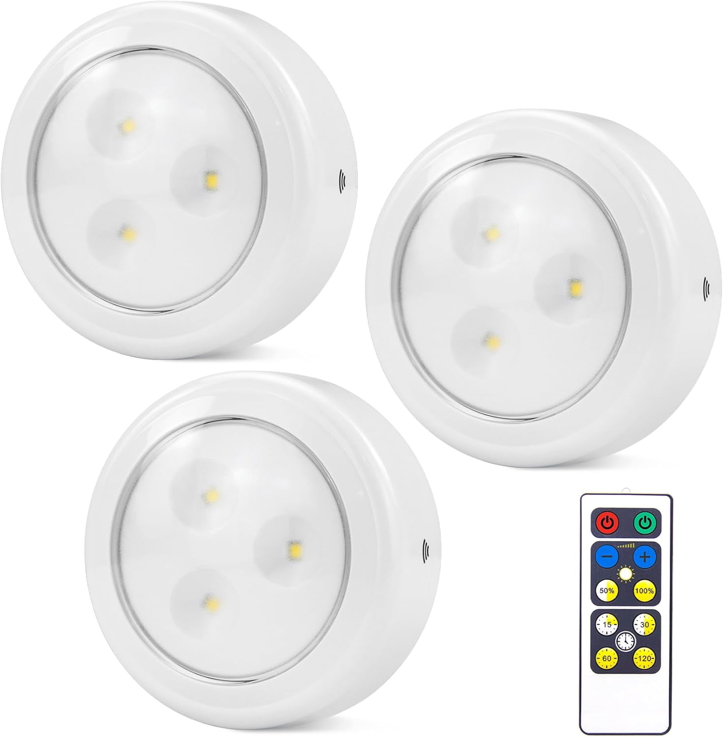 JJEAN-Puck Lights with Remote, 80Lumen Battery Operated Under Cabinet Lights, Dimmable and Timmer Stick On Lights,Wireless Closet Light for Closet,Kitchen (White, 3Pack)