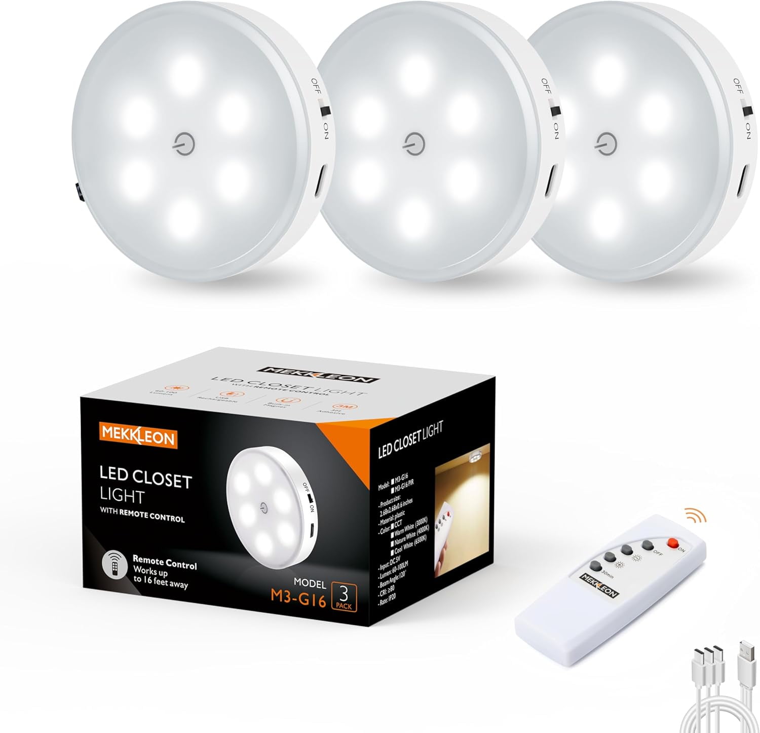 JJEAN-Puck Lights with Remote Control,1000mAh Rechargeable Under Cabinet Lighting,LED Closet Lights,3Pack Night Light,Cordless Stick On Lights for Under Cabinet,Hallway, Stairway,Closet (Cool White)