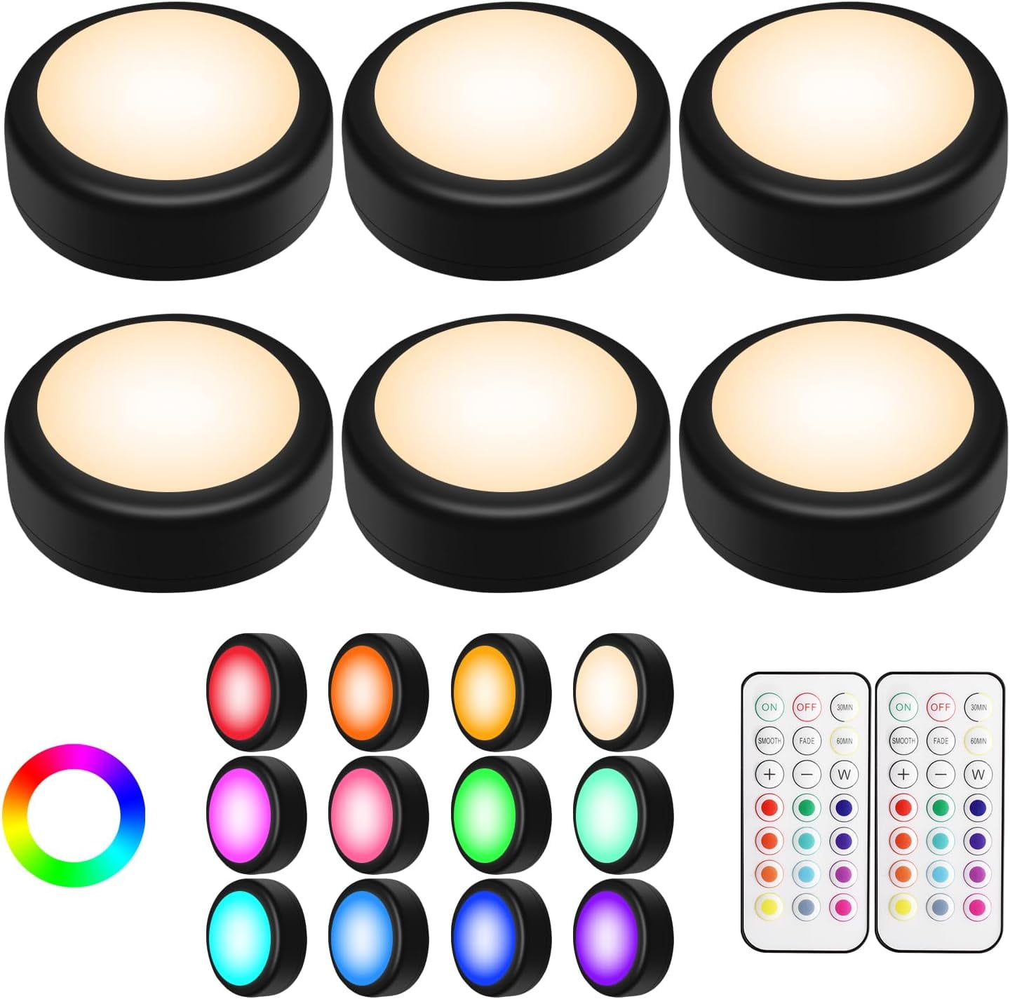 JJEAN-Puck Lights with Remote Control, LED Under Cabinet Lighting Wireless, LED Light Battery Operated, Tap Battery Powered, Stick on Push Lights for Closet, Kitchen, Wall, Counter (Black)