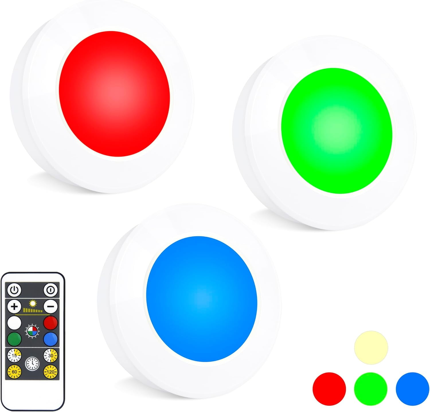 JJEAN-Puck Lights with Remote , Wireless Under Cabinet Lighting,Color Changing Tap Lights with Dimmer and Timer, AAA Battery Operated Light Push Lights Stick on for Closet, Bedroom Wall, Under Cabine