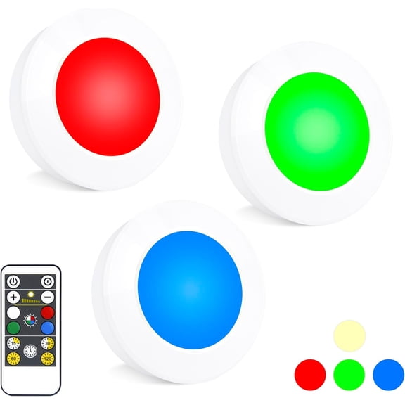 JJEAN-Puck Lights with Remote , Wireless Under Cabinet Lighting,Color Changing Tap Lights with Dimmer and Timer, AAA Battery Operated Light Push Lights Stick on for Closet, Bedroom Wall, Under Cabine