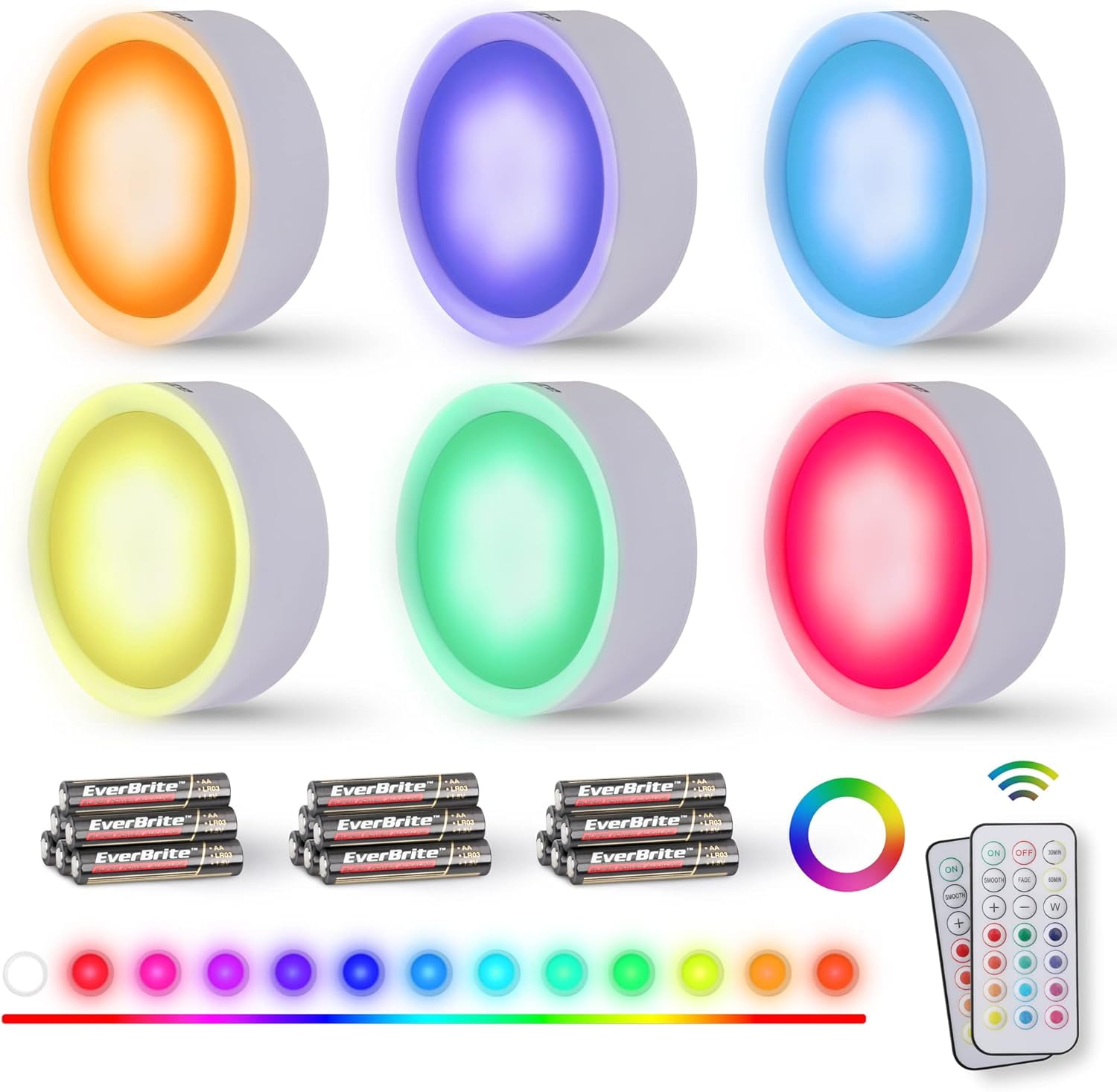 JJEAN-Puck Lights with Remote, Wireless LED Puck Lights Battery Operated, 13 RGB Colors Changing Under Cabinet Lights, Dimmable Closet Lights with Timer, Battery Included (6-Pack)