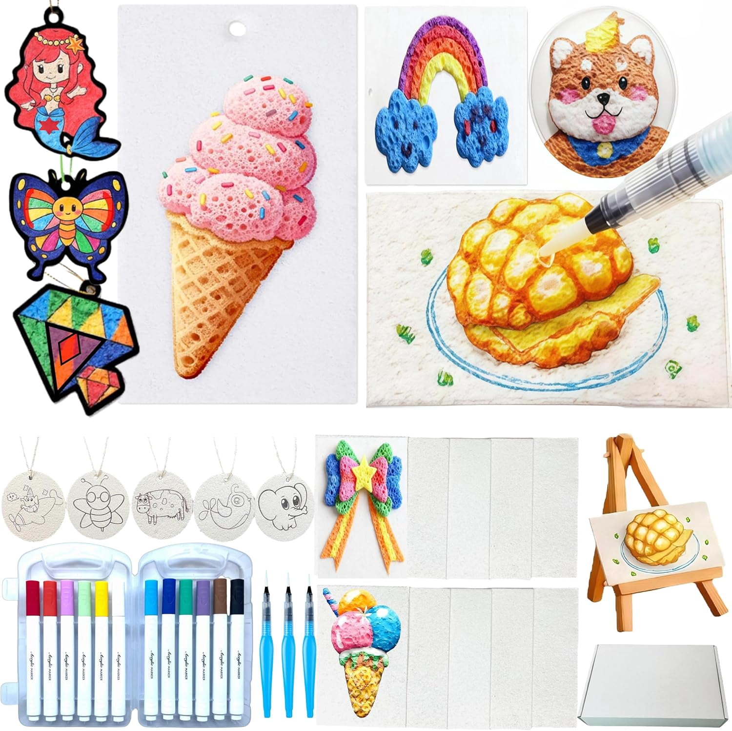 JJEAN-Puffy Paint, Aqua Puffs, Magic Foam Texture Painting Kit, Including 15 Pcs Foam Texture Paper, 12 Colors Brush Tip Acrylic Paint Markers