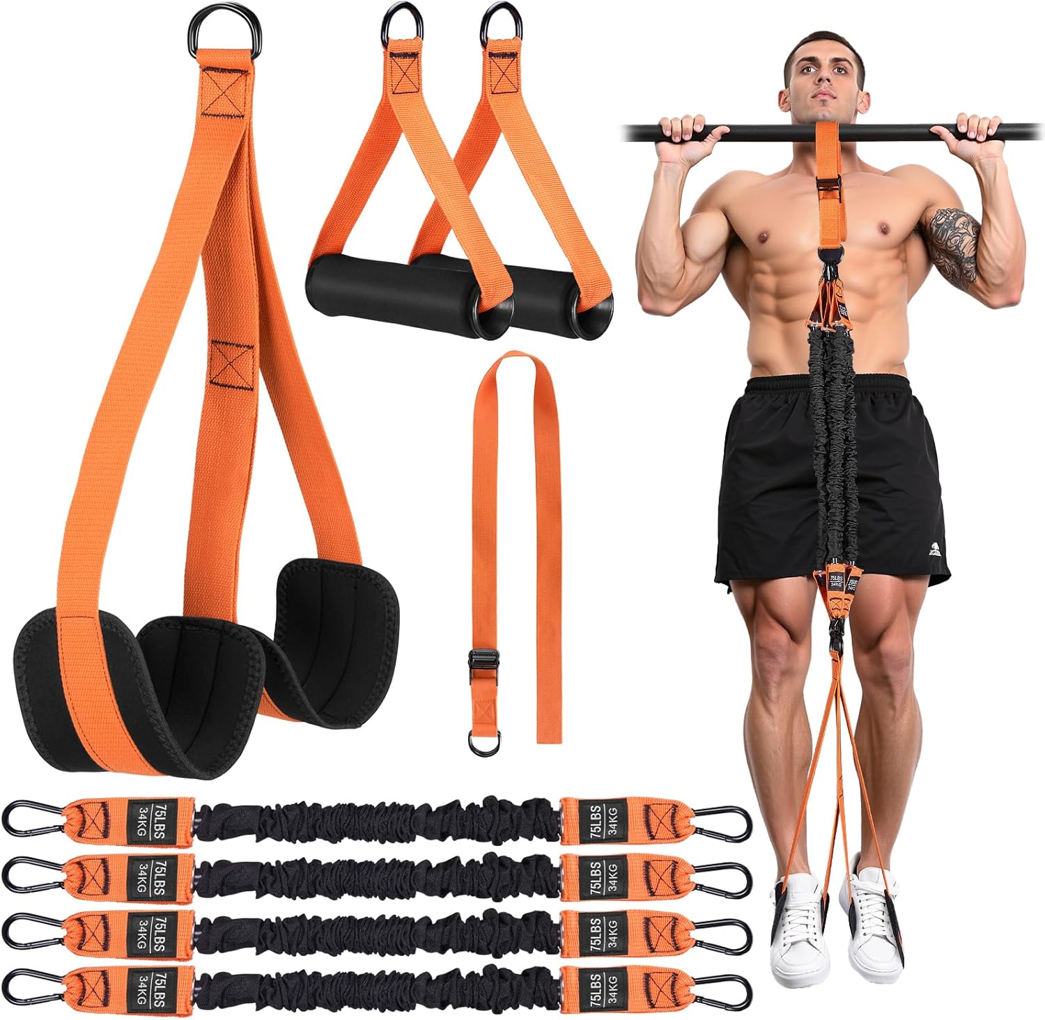 JJEAN-Pull up Assistance Bands, 4 Pull Up Bands 300lbs, Heavy Duty Pull Up Assist Workout Bands for Home Gym Strength Training with Two Footrest, Compatible with Any Pull Up Bars
