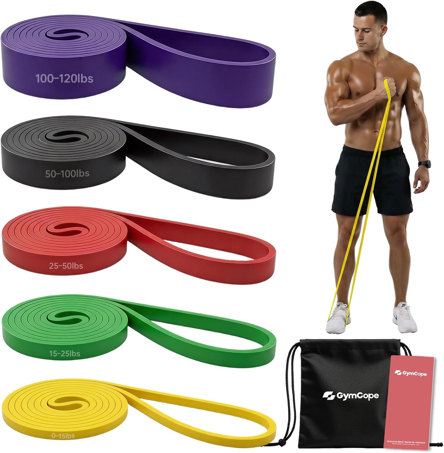 JJEAN-Pull Up Resistance Bands - Assistance Bands Sets of 3/4/5 for Men & Women, Heavy Duty Workout Exercise Bands for Body Stretching, Muscle Training, Instruction and Carry Bag Included