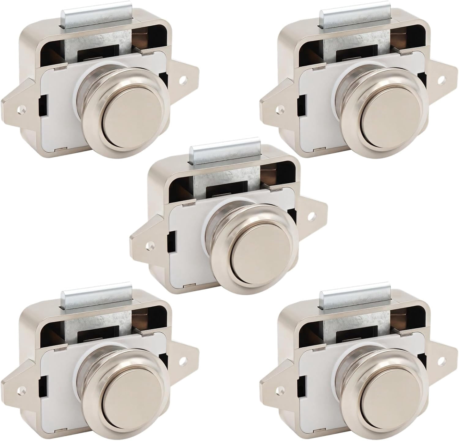 JJEAN-Push Button Cabinet Lock 5 Pack, Chrome Plated RV Drawer Latches, Marine Grade Metal Push to Open Locks, Keyless Door Catches for Camper Boat Storage Compartments