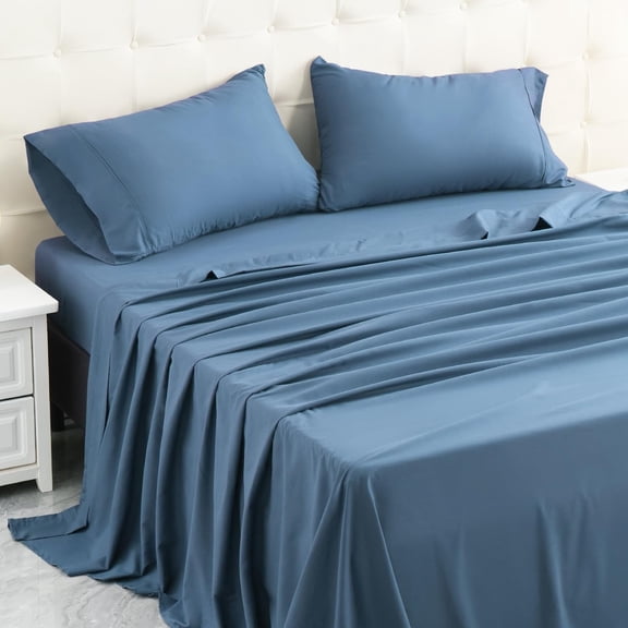 JJEAN-Queen Bed Sheets Set, Soft Breathable Bedding Sheet Set, Sheets Set with 16" Deep Pocket Design (4 Pieces, Queen, Denim Blue)