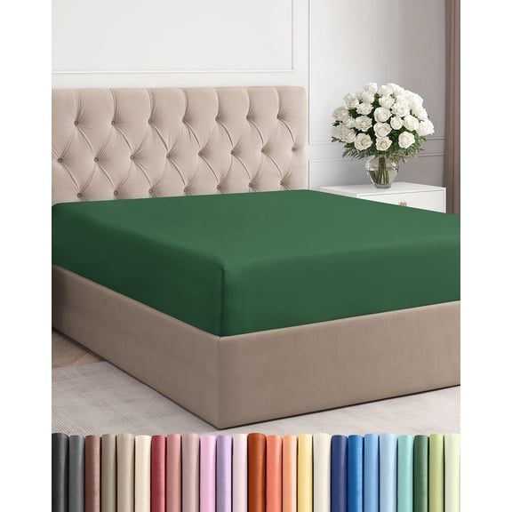JJEAN-Queen Fitted Bed Sheet - Bottom Single Fitted Sheet Only - Ultra-Soft Hotel Luxury Bedding w/ 8-16 Inch Deep Pockets - Breathable & Wrinkle Free - Easy-Care, Fade & Shrink Resistant - Emerald G