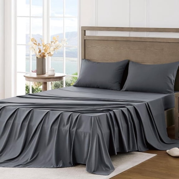 JJEAN-Queen Sheet Set - Ultra Soft Sheets for Queen Size Bed - Brushed Microfiber - Deep Pockets - Easy Care - Cooling & Breathable - 4 Pieces Hotel Luxury Queen Bed Sheets (Dark Grey)