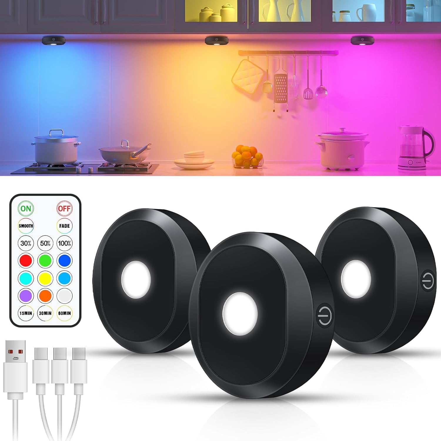 JJEAN-RGB Under Cabinet Lights,Rechargeable Puck Lights with Remote Control, Wireless Push Light with Timer Function,Dimmable LED Touch Tap Light for Kitchen,Cabinet,Closet, Counter,3 Pack