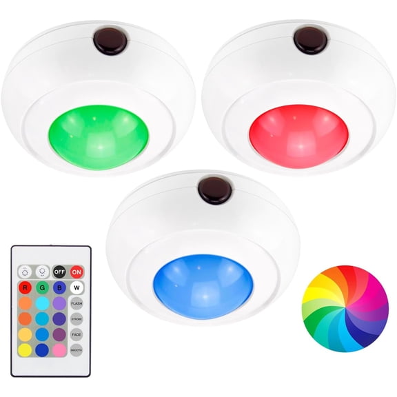 JJEAN-RGB LED Light with Remote Control 16 Color Changing Adjustable Brightness Puck Push Tap Closet Light,Under Cabinet Stick on Light for Kitchen Stairs-3 Pack