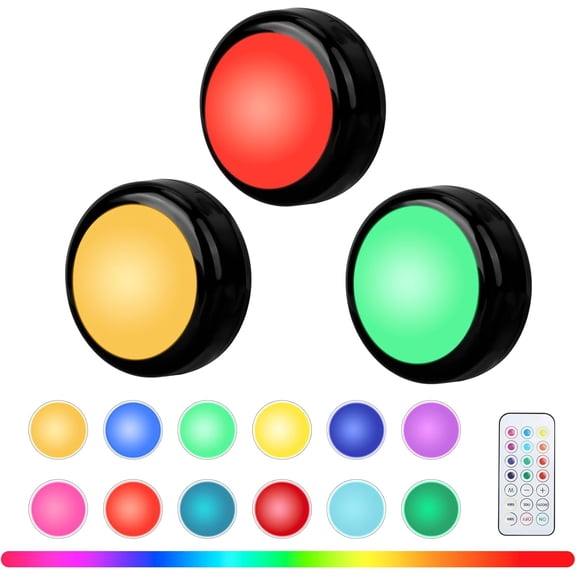 JJEAN-RGBW Color Changing Puck Lights with Wireless Remote - 16 Colors Dimmable Under Cabinet, Battery Powered LED Push Puck Lights with Timer & Memory Function, Black (3 Pack)