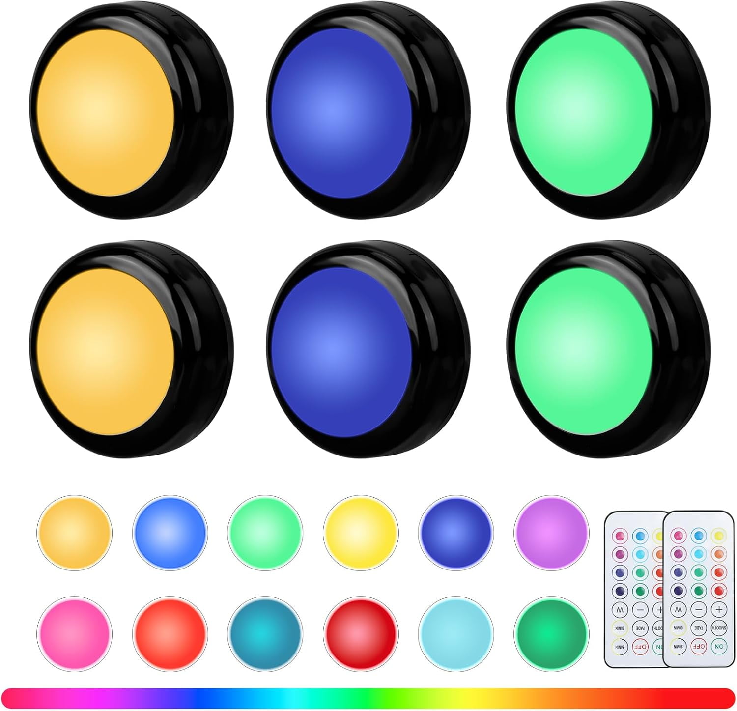 JJEAN-RGBW Color Changing Puck Lights with Wireless Remote - 16 Colors Dimmable Under Cabinet, Battery Powered LED Push Puck Lights with Timer & Memory Function, Black (6 Pack)