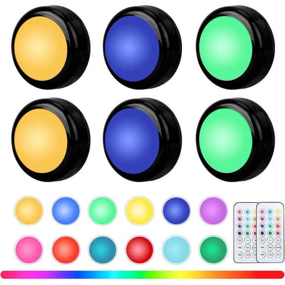 JJEAN-RGBW Color Changing Puck Lights with Wireless Remote - 16 Colors Dimmable Under Cabinet, Battery Powered LED Push Puck Lights with Timer & Memory Function, Black (6 Pack)