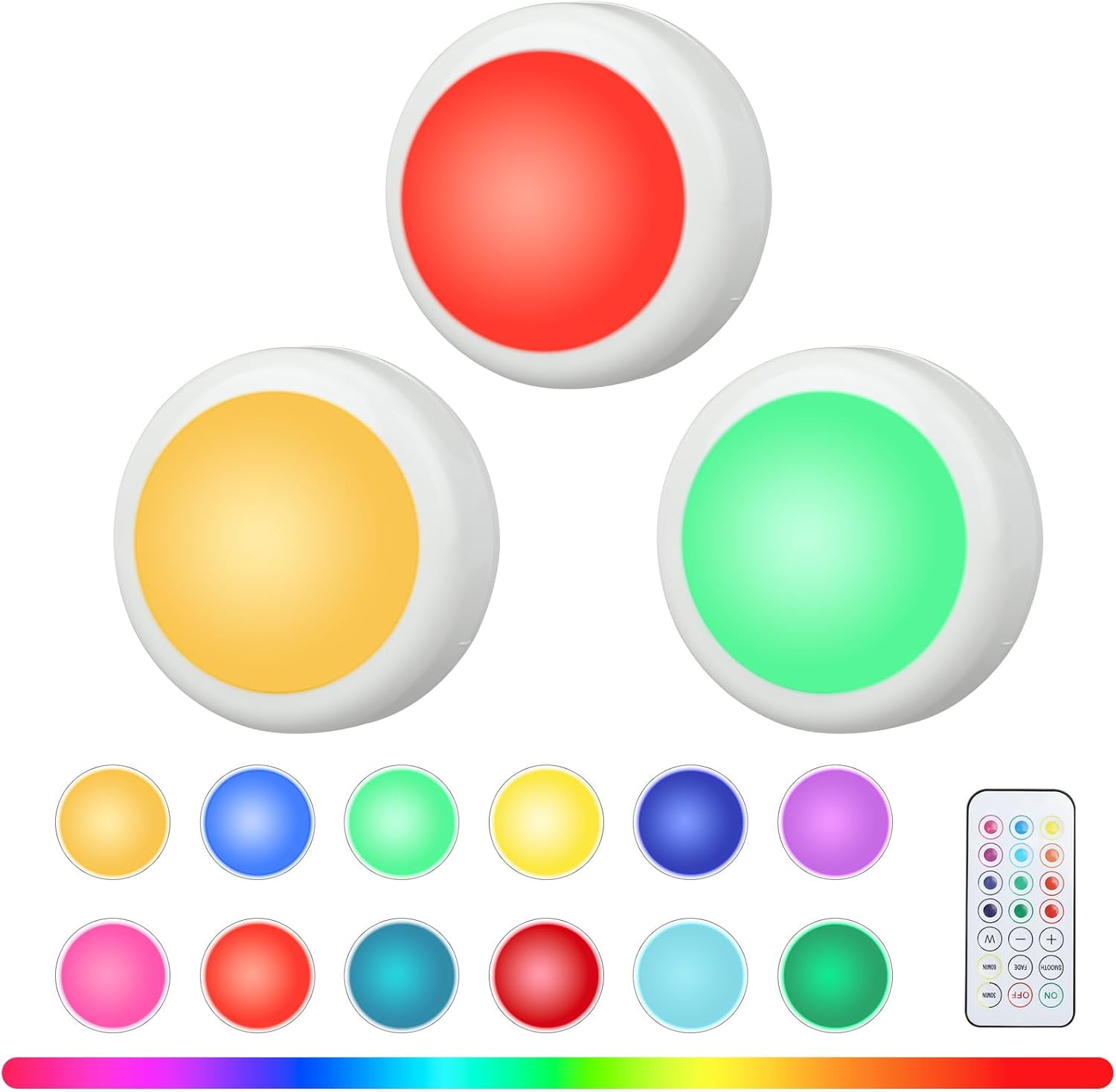 JJEAN-RGBW Color Changing Puck Lights with Wireless Remote - 16 Colors Dimmable Under Cabinet, Battery Powered LED Push Puck Lights with Timer & Memory Function, White (3 Pack)