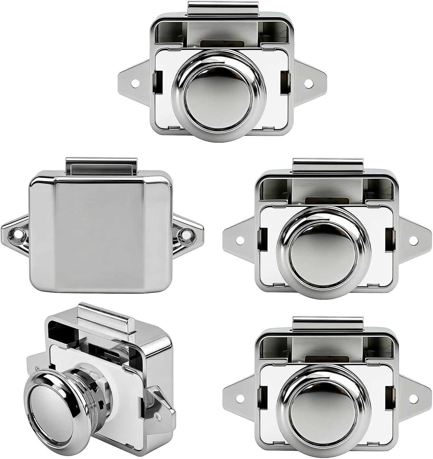 JJEAN-RV Push Button Cabinet Door Lock & Marine Drawer Latches, Boat Cupboard Latch Push-to-Open Locks & Closures for Yachts, Campers, Caravans (ABS Body & Zinc Alloy Chrome) - 5 Pcs