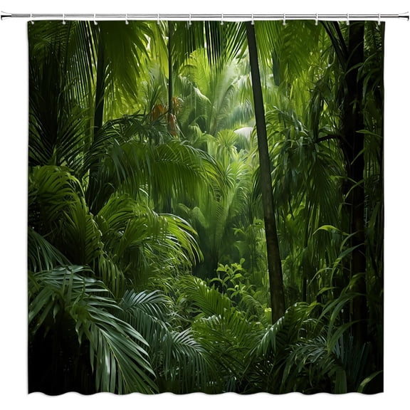 JJEAN-Rainforest Shower Curtain Tropical Jungle Forest Green Palm Tree Leaves Nature Landscape Scenery Fabric Bathroom Decor with Hooks(70" WX70 H)