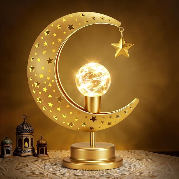JJEAN-Ramadan Moon Lamp, Crescent Moon with Star Table Lamp, Battery Powered Ramadan Desk Lamp Decorations Crescent Table Light Bedside Night Stand Desktop Living Room Home Decor, Eid Mubarak Decor