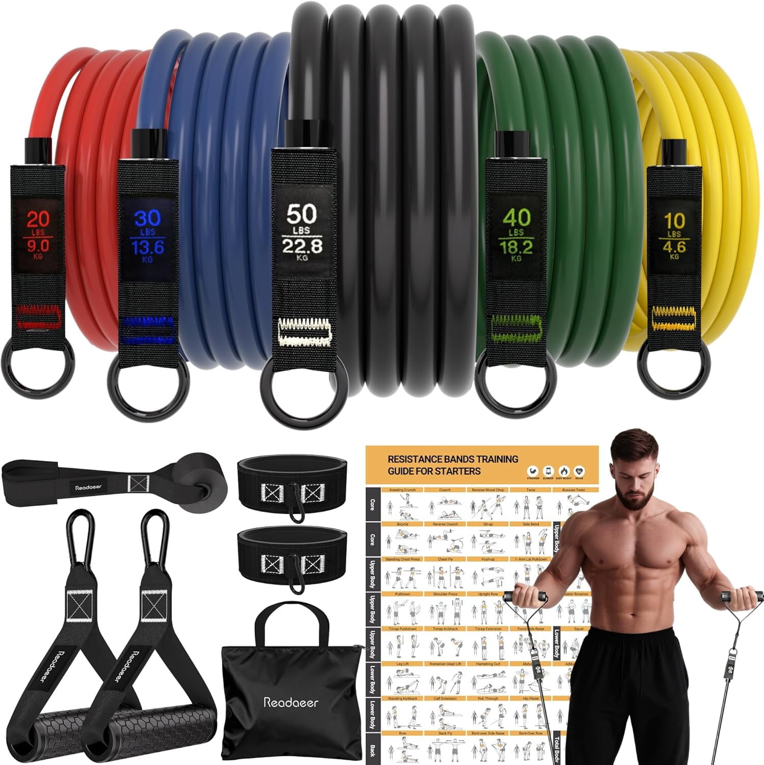 JJEAN-Readaeer Resistance Bands, Exercise Bands for Working Out, Work Out Bands with Handles for Men and Women for Indoor and Outdoor Sports, Fitness, Suspension, Speed Strength, Training, Home Gym,Y