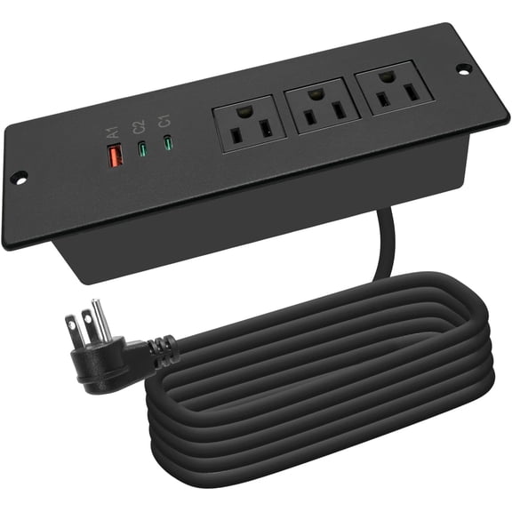 JJEAN-Recessed Power Strip USB C 45W,Flush Mount Desk Power Outlet 3 Outlets 3 USB (PD 45W& QC45W,) 6.56ft Heavy Duty Power Cord with Flat Plug Fast Charge Built in Desktop Power Station for Furnitur
